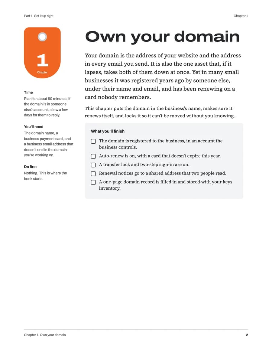 A chapter opener page of the handbook, with the chapter number on an orange key tag, a short introduction and a "What you’ll finish" checklist.