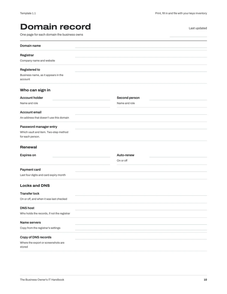 A blank domain record form from the handbook, with fields for the registrar, owner, second person and renewal date.