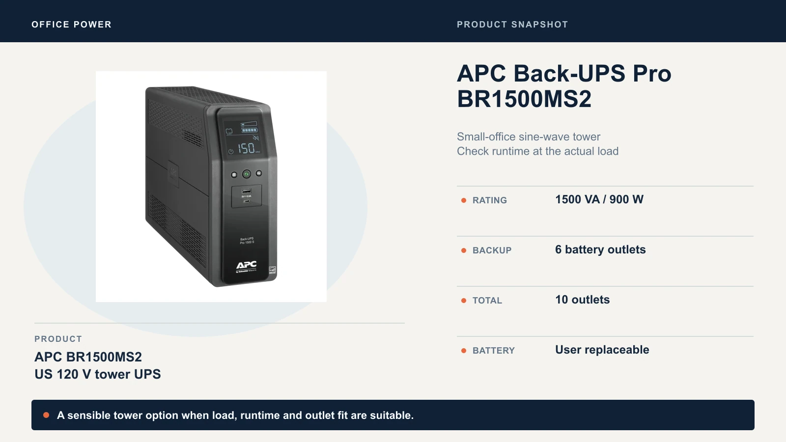 APC Back-UPS Pro BR1500MS2: rating 1500 VA / 900 W; backup 6 battery outlets; total 10 outlets.