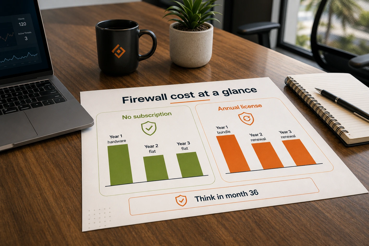 Three-year cost pattern infographic showing the difference between one-time no-subscription firewall costs and recurring subscription firewall renewals that continue into years two and three.