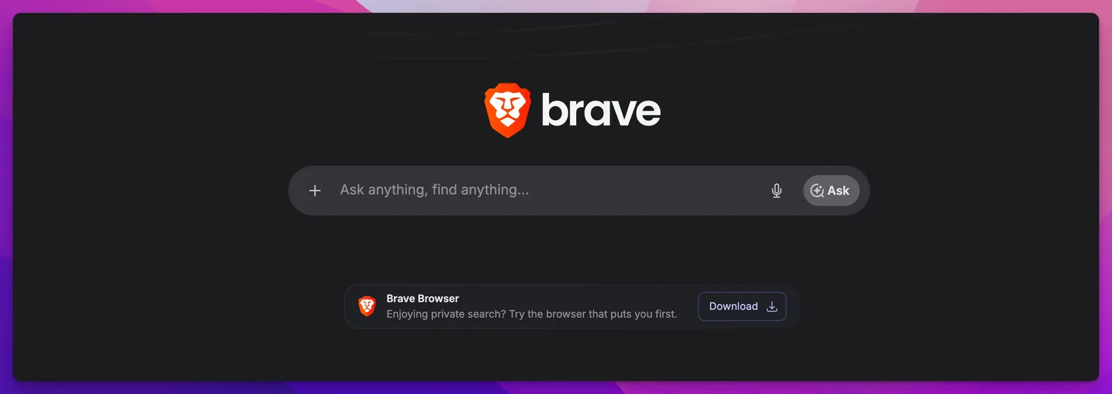 Brave Search homepage — fully independent search index with no tracking