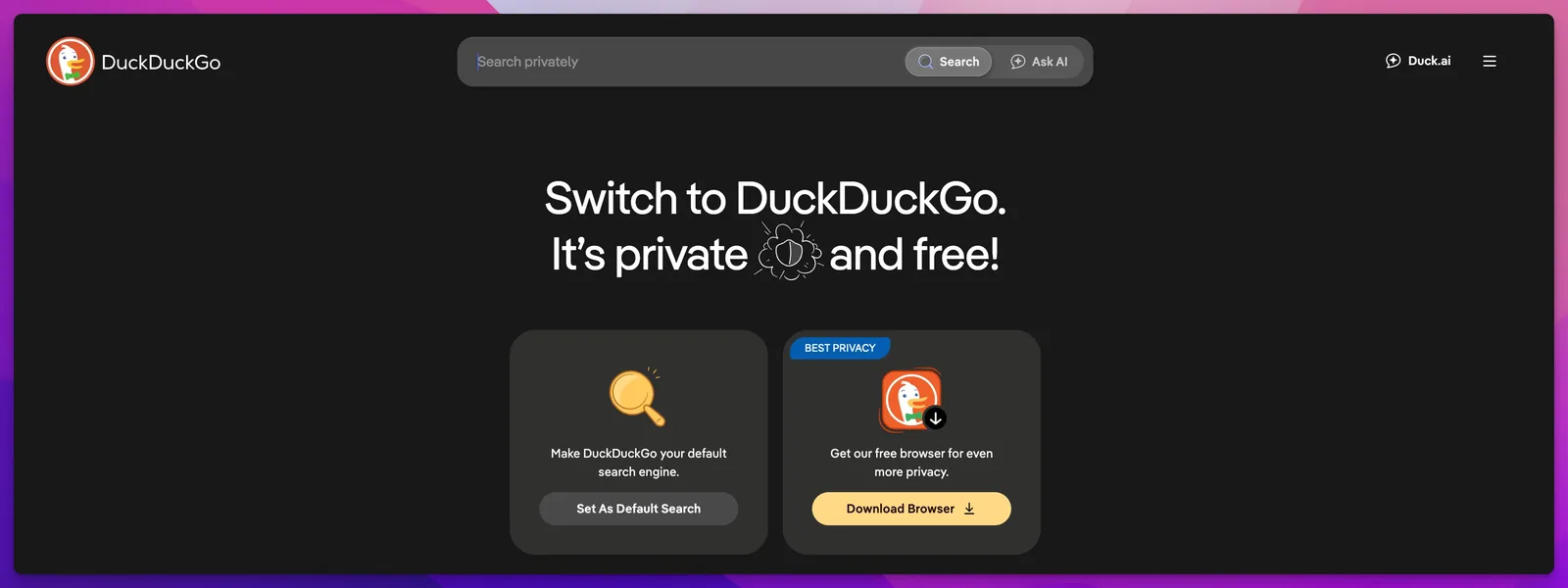 DuckDuckGo private search engine homepage with tracker blocking built in