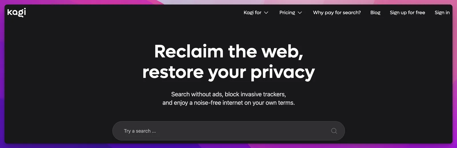Kagi paid search engine homepage — ad-free, subscription-funded search