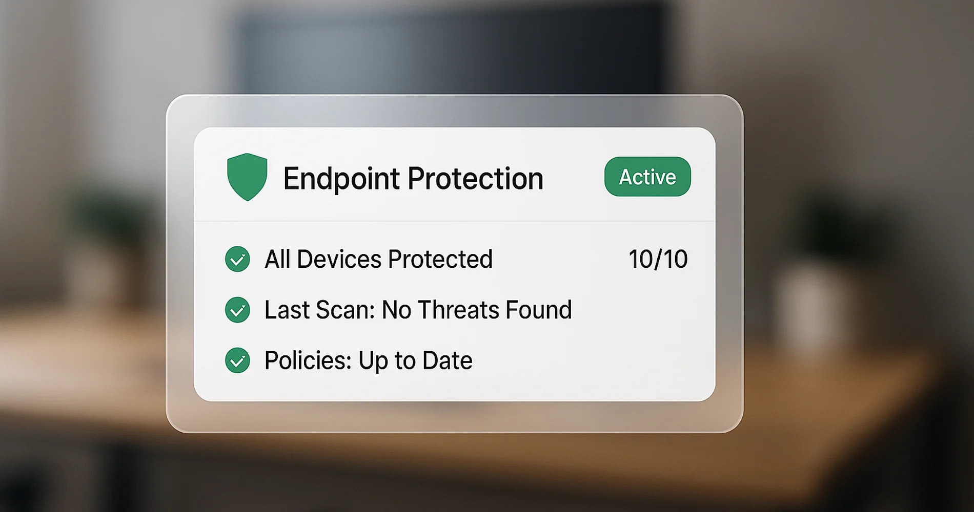 GravityZone endpoint protection dashboard showing all devices protected, no threats found, and policies up to date