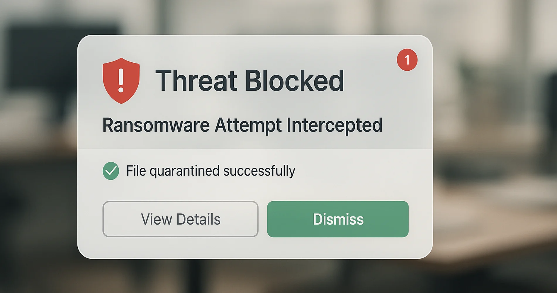 GravityZone threat blocked alert showing a ransomware attempt intercepted and file quarantined