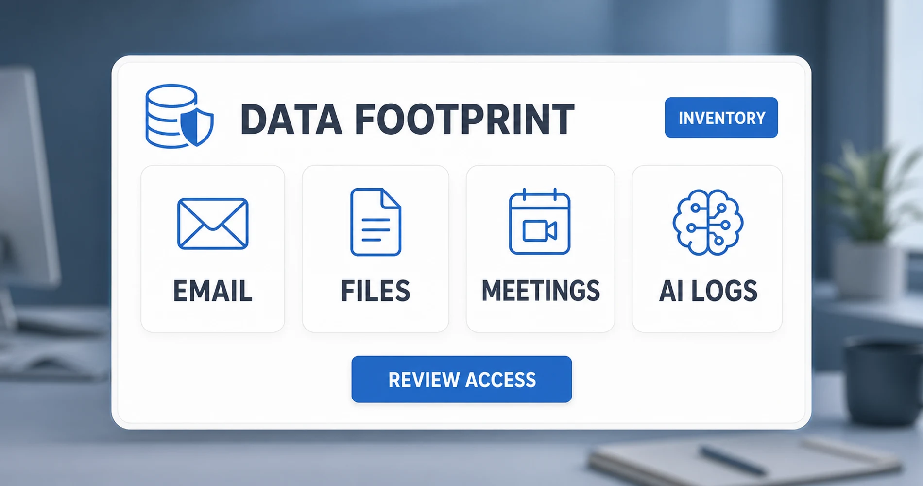 Business data privacy footprint inventory Business data footprint dashboard showing email, files, meetings, and AI logs to review for privacy exposure