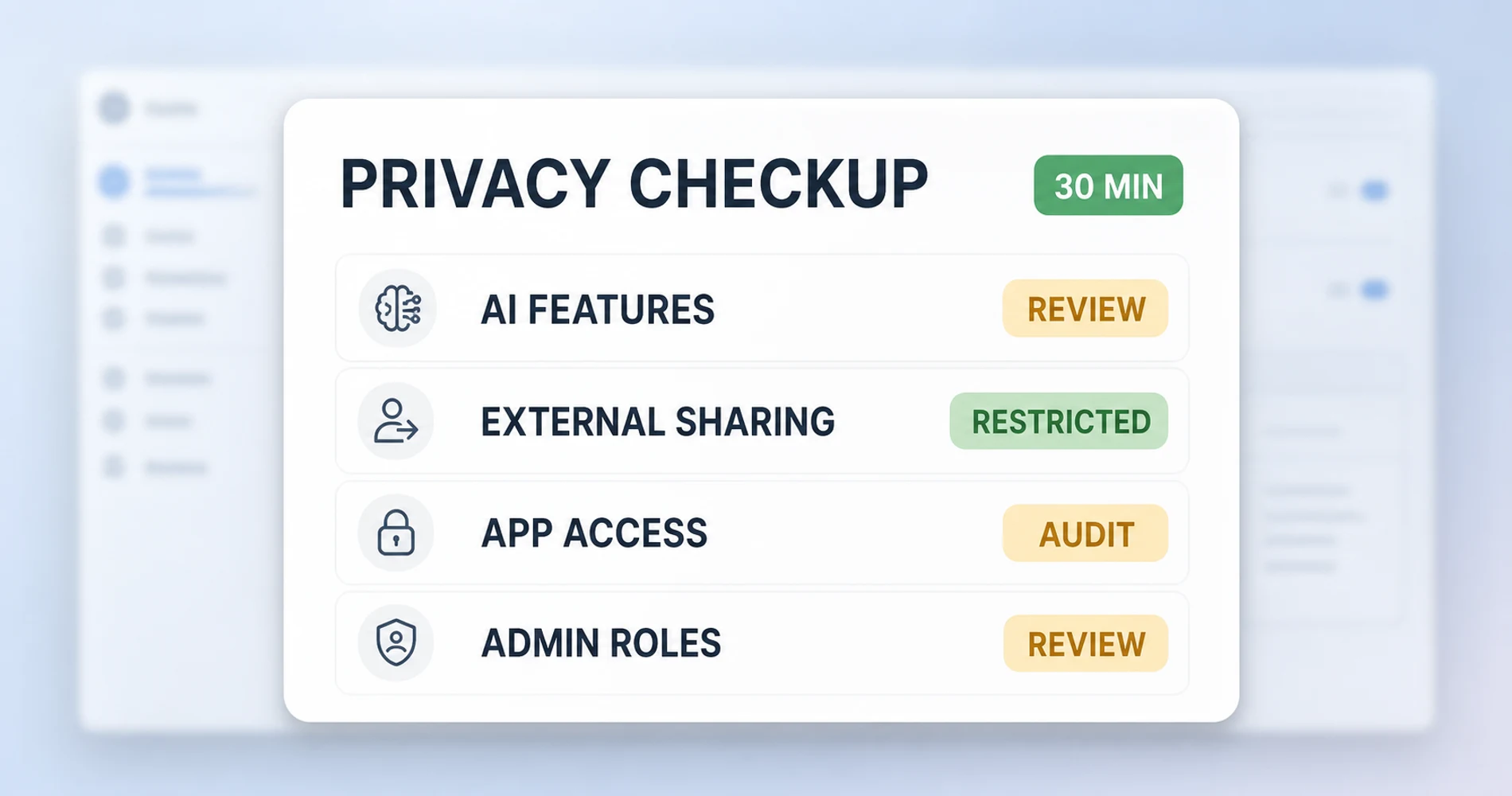 30-minute business privacy checkup Privacy checkup settings panel showing AI features, external sharing, app access, and admin roles for review