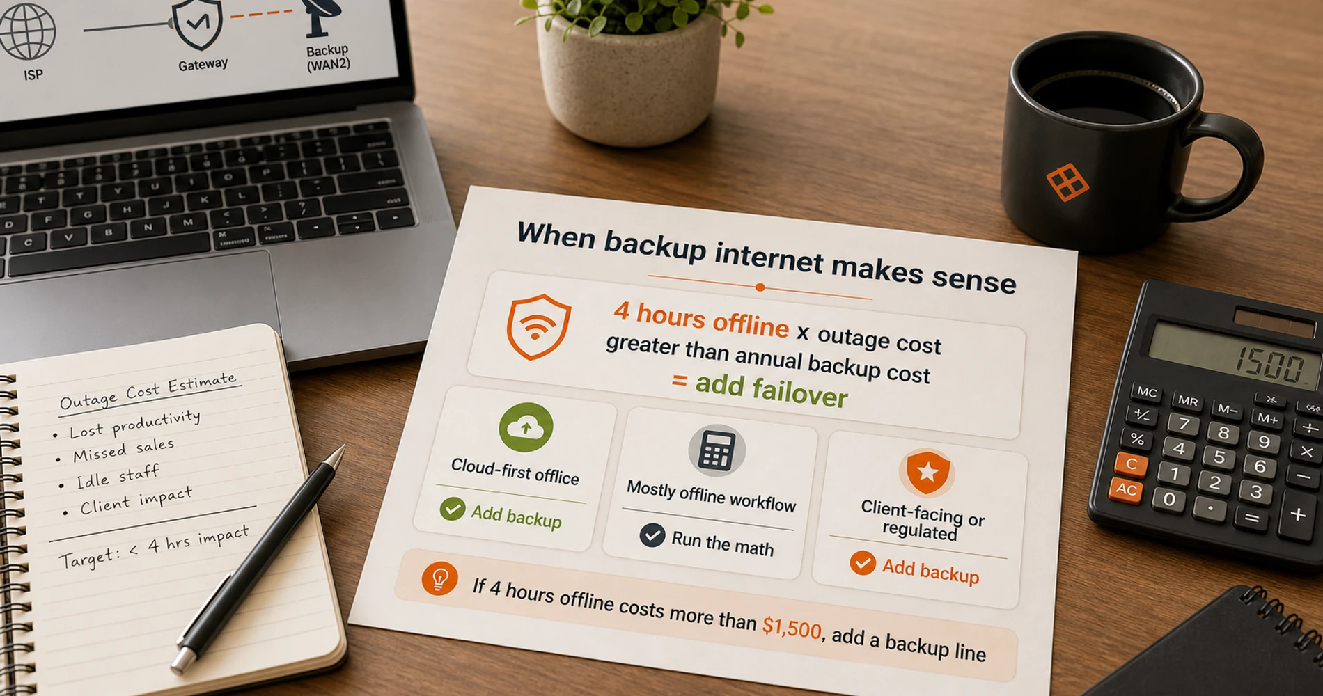 ROI decision poster showing that a backup internet line makes sense when four hours offline would cost more than the annual price of protection, with separate guidance for cloud-first offices, offline-tolerant workflows, and client-facing regulated businesses.