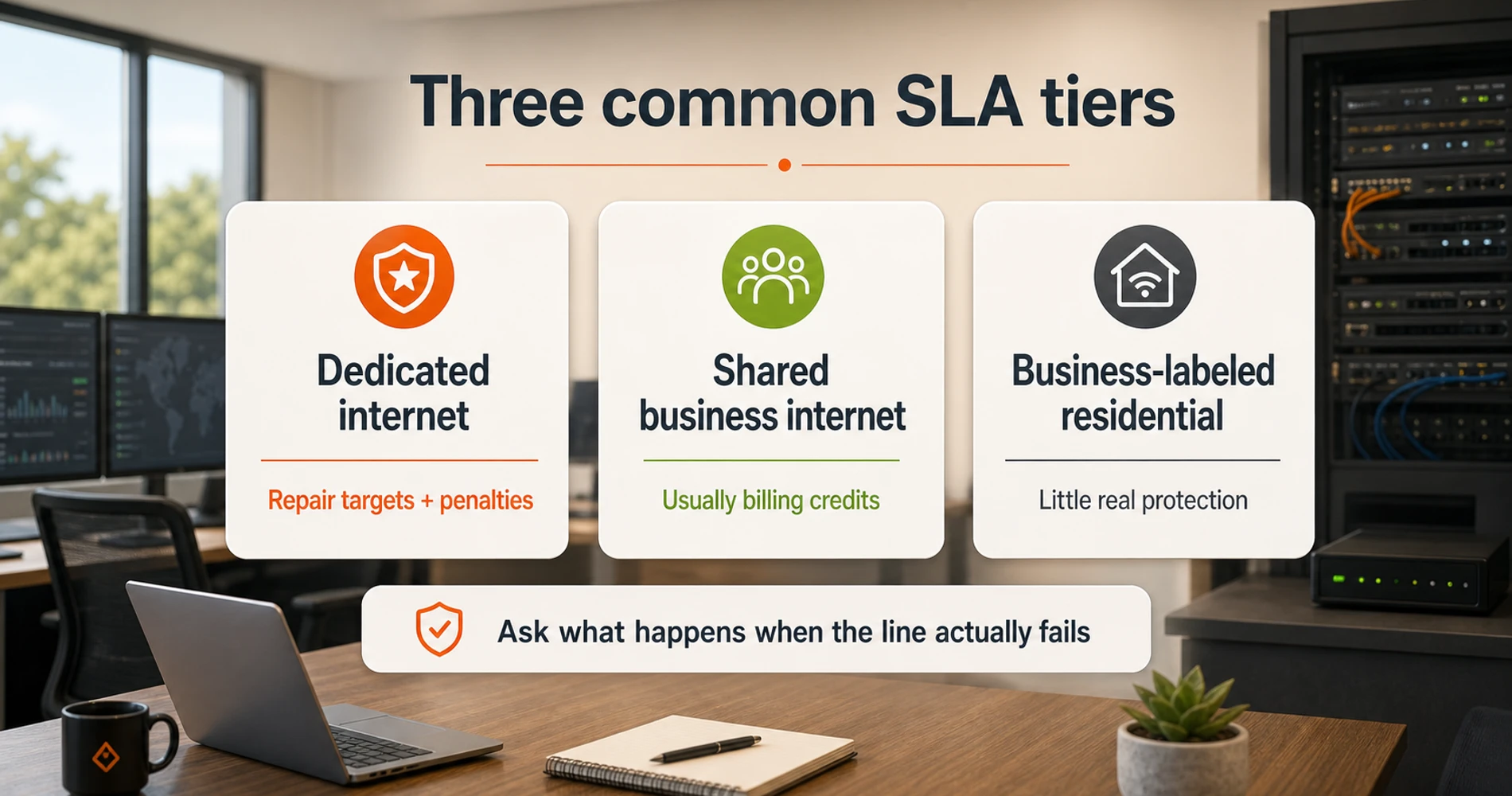 Comparison graphic showing the three main business internet SLA tiers: dedicated internet access with real repair commitments, standard business internet with mostly credit-based remedies, and lightly protected residential plans sold under business branding.