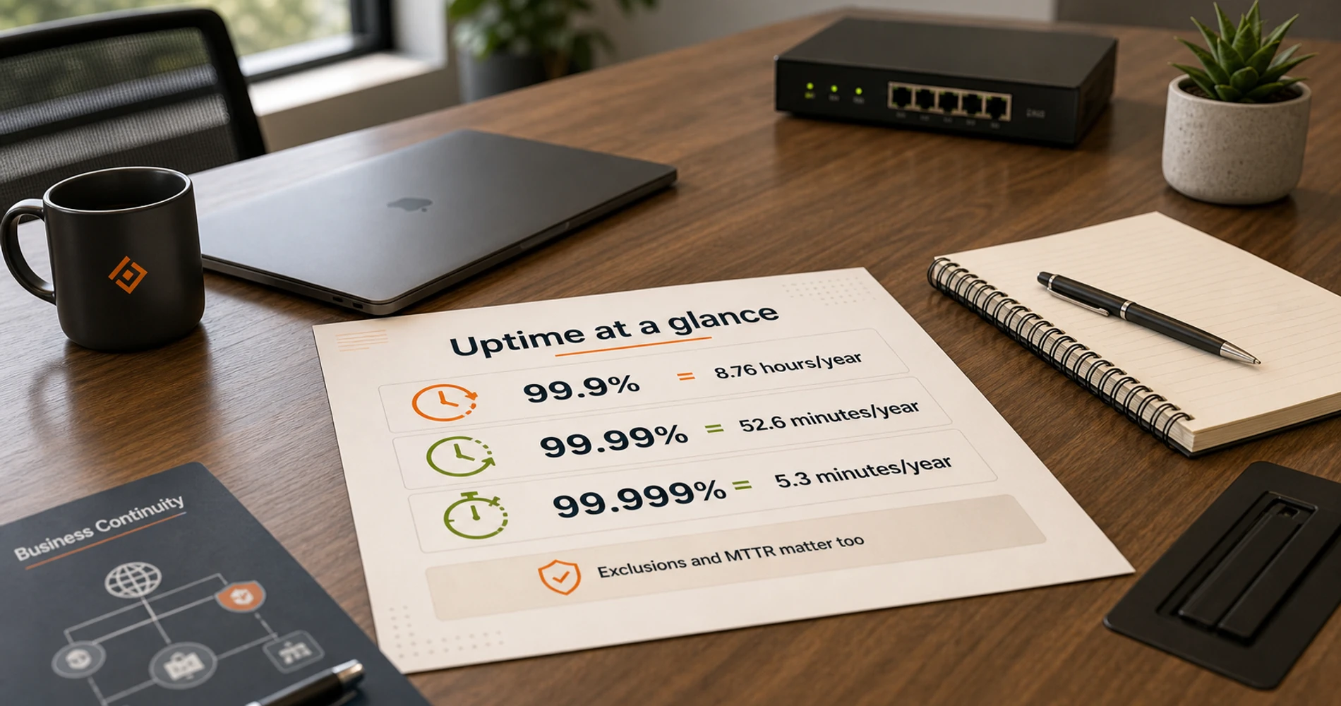 Poster-style uptime explainer showing how 99.9 percent, 99.99 percent, and 99.999 percent SLAs translate into real downtime, plus the exclusion categories that often do not count toward the provider's outage calculation.