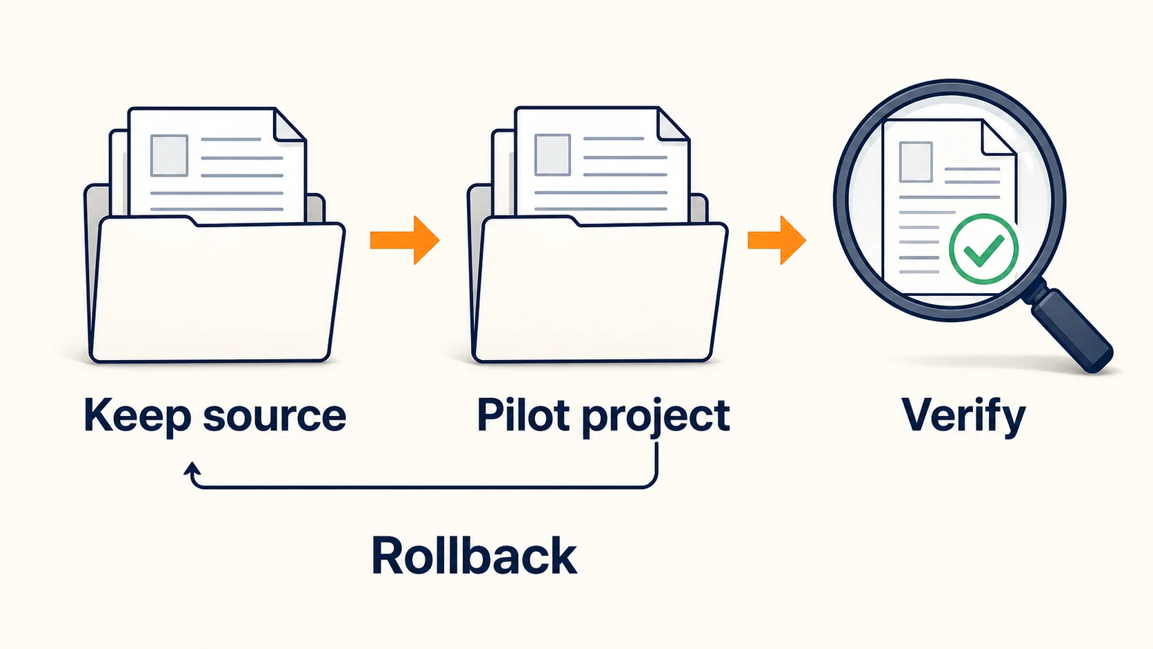 Keep a recoverable source while migrating one pilot project and verifying the destination. A rollback path leads back to the original if the pilot fails.