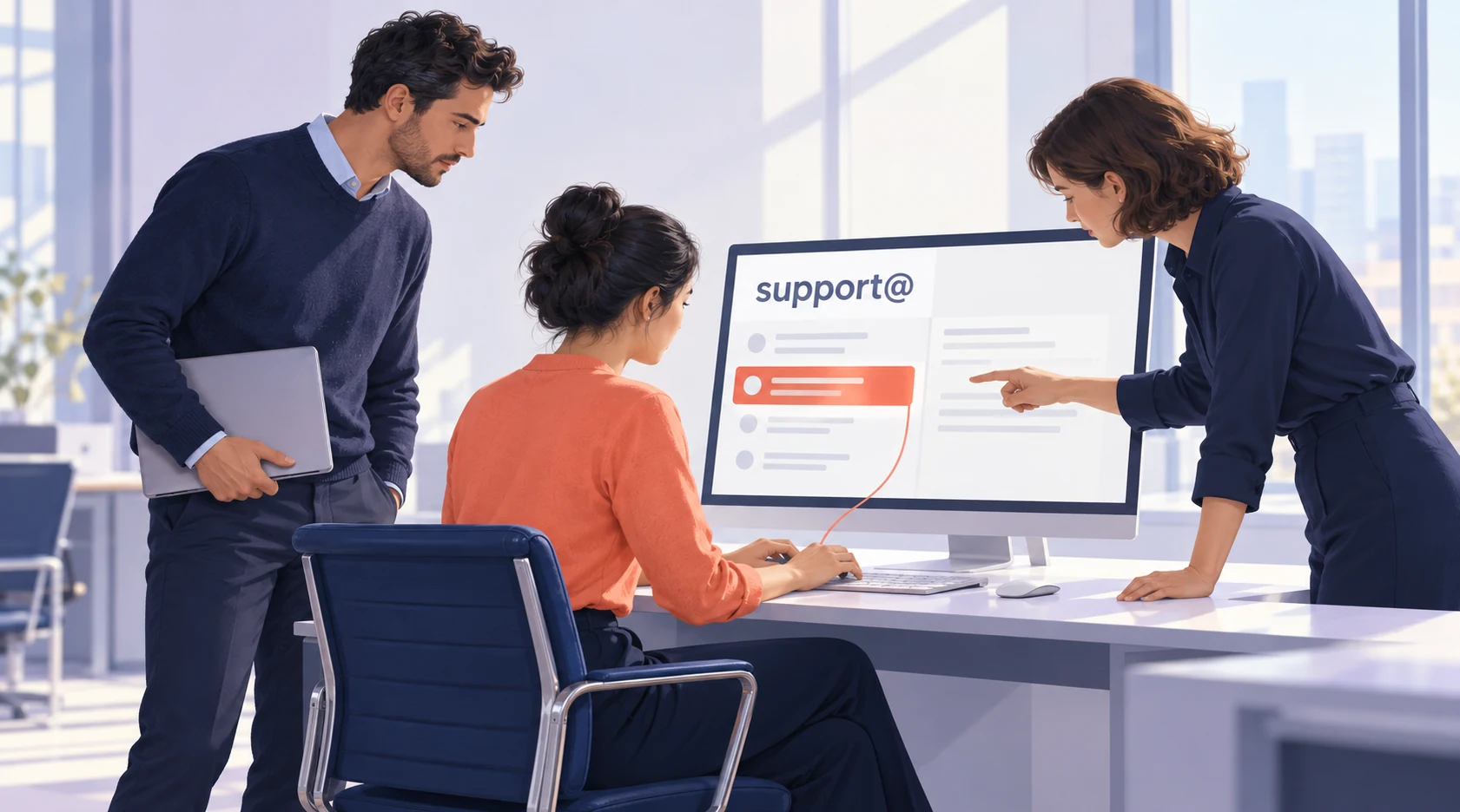 A designated colleague handles support@ while teammates coordinate around the shared email workflow, showing that each role address needs an accountable owner.