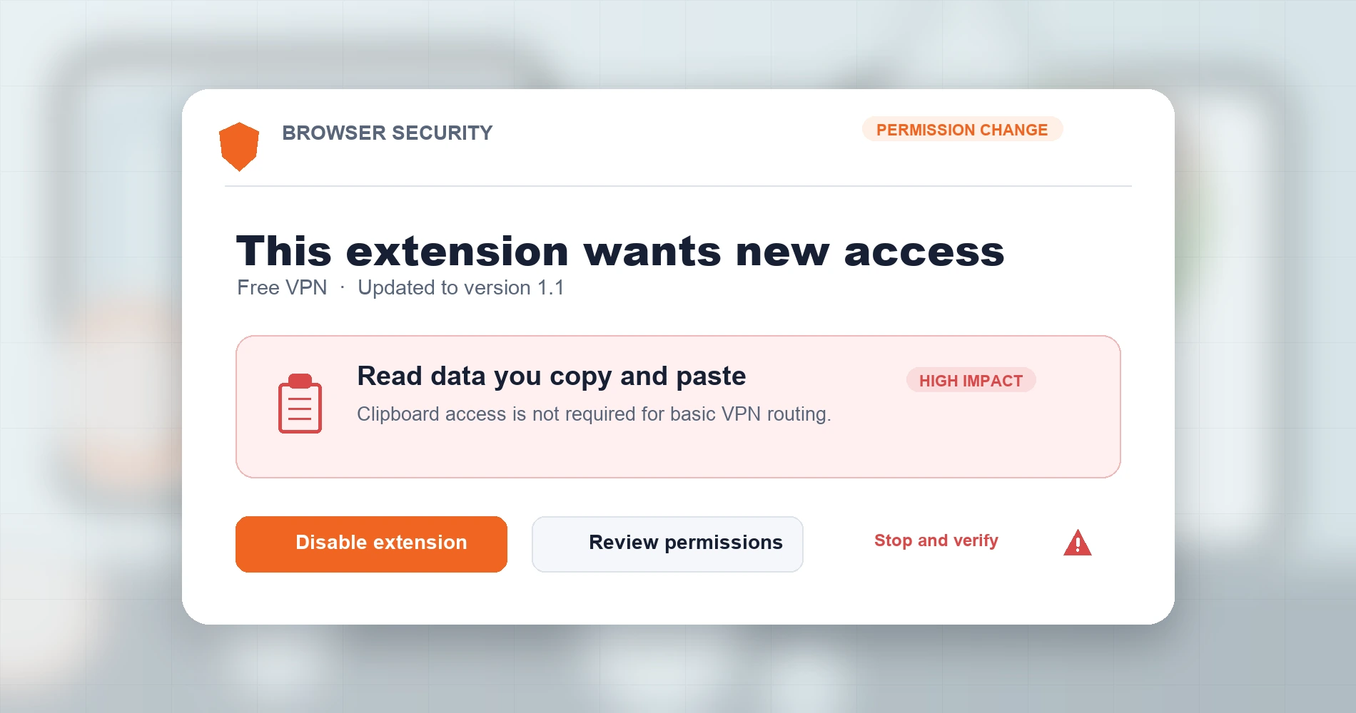 Browser security warning showing a free VPN extension requesting permission to read copied and pasted data