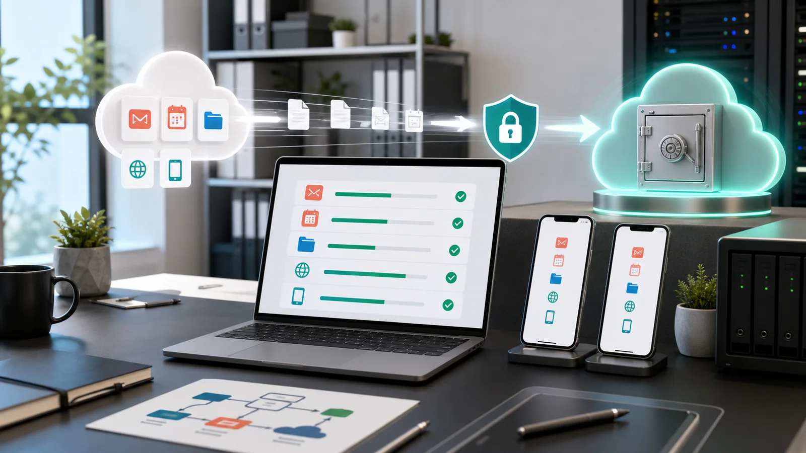 Google Workspace to Proton Workspace migration workflow IT admin workstation showing cloud email, calendar, files, domain records, and mobile app setup moving into a secure workspace
