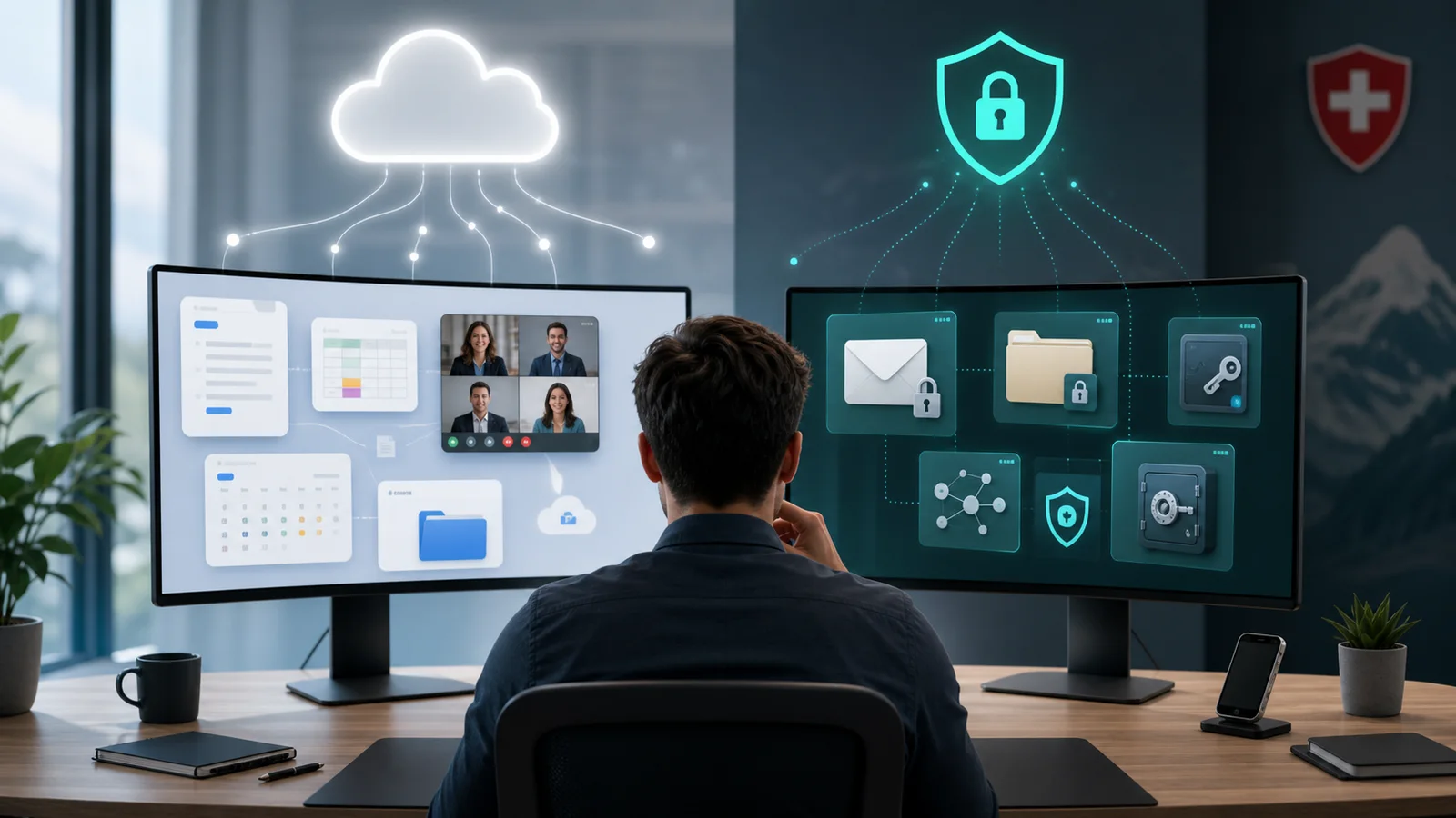 Google Workspace vs Proton Workspace decision point A small business admin comparing a collaborative cloud workspace with a privacy-first encrypted workspace