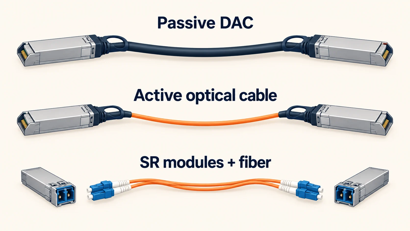 A passive DAC and an active optical cable have fixed SFP+ ends, while a duplex LC fiber patch disconnects from separate SR modules