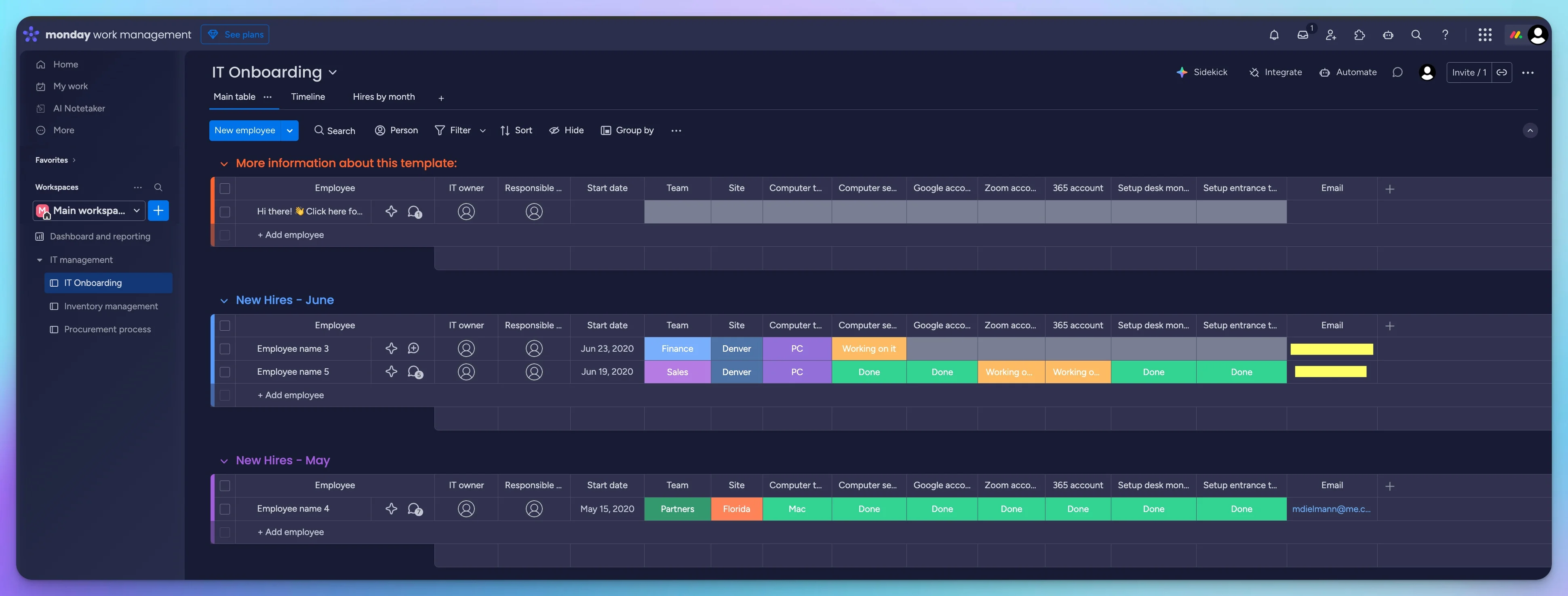 Monday.com IT Onboarding Board - Example of a customized workflow with status columns and task tracking