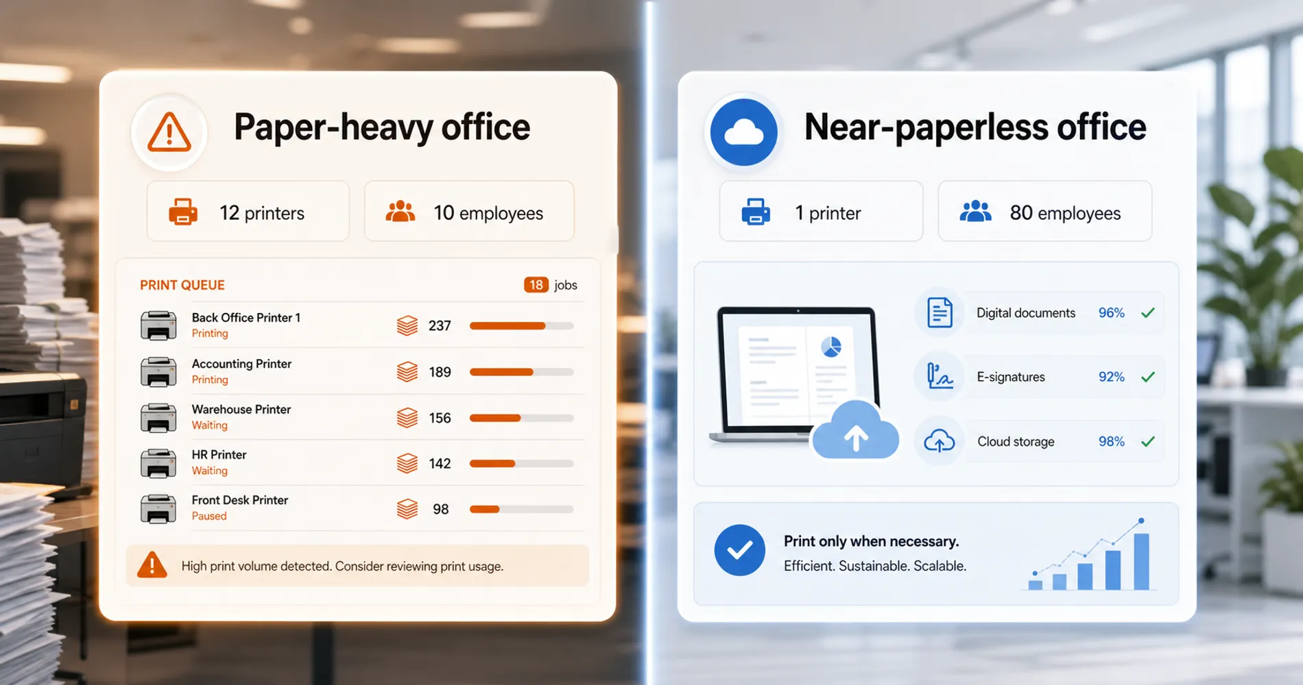 Paper-heavy vs near-paperless office workflows Split-screen office workflow visual comparing a paper-heavy office with 12 printers for 10 employees against a near-paperless office with one printer for 80 employees.