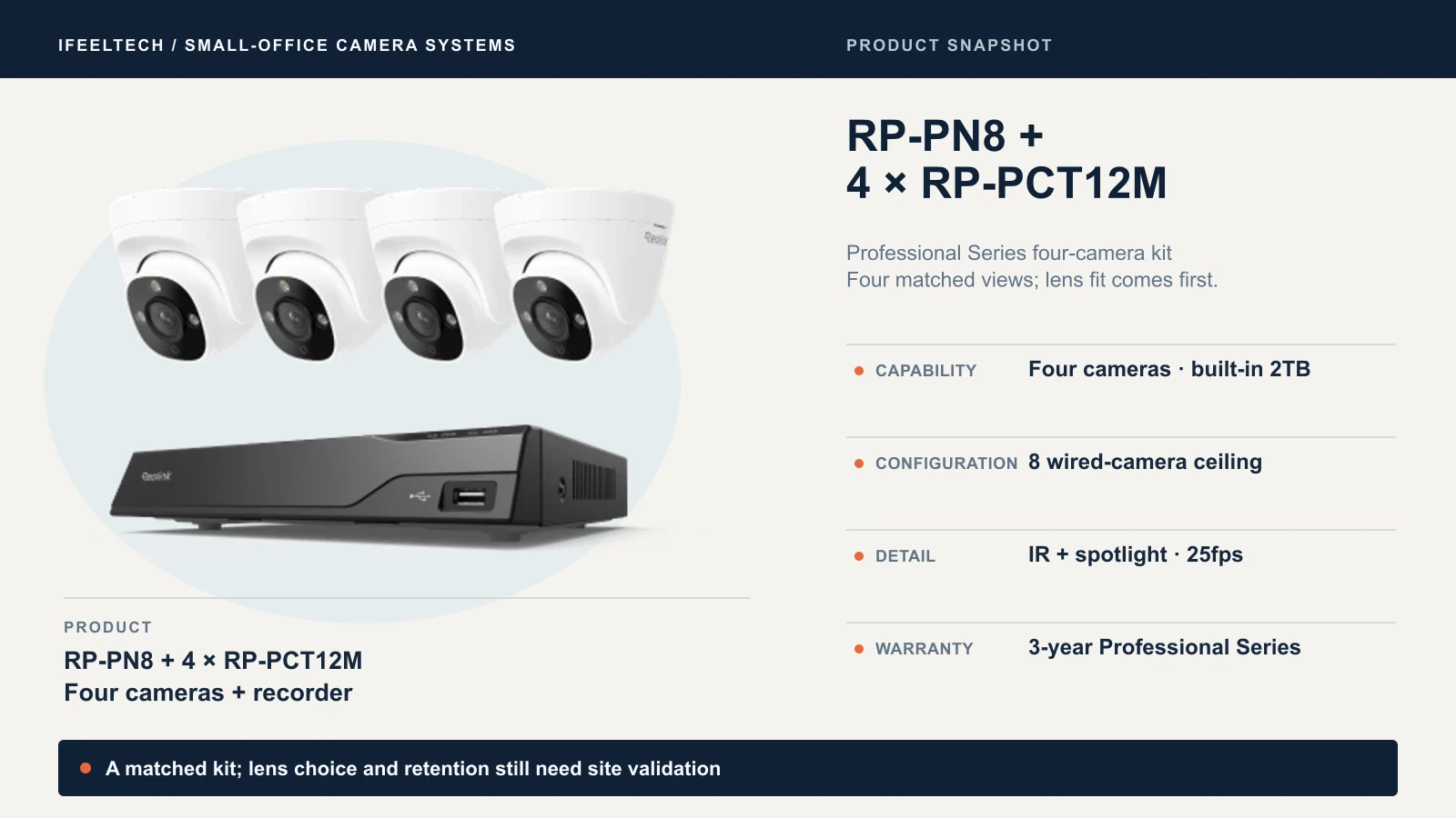 Reolink RP-PN8 and four RP-PCT12M cameras, a four-camera kit with a built-in 2TB drive, an eight wired-camera ceiling, infrared plus spotlight and a three-year Professional Series warranty