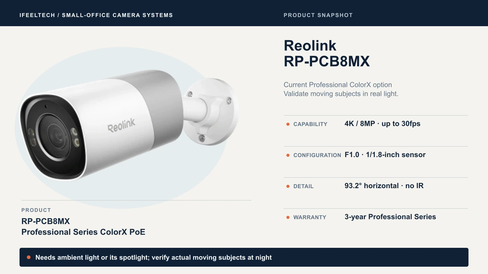 Reolink RP-PCB8MX ColorX camera with F1.0 lens, 1/1.8-inch sensor, 93.2 degree horizontal view and no infrared; needs ambient light or its spotlight
