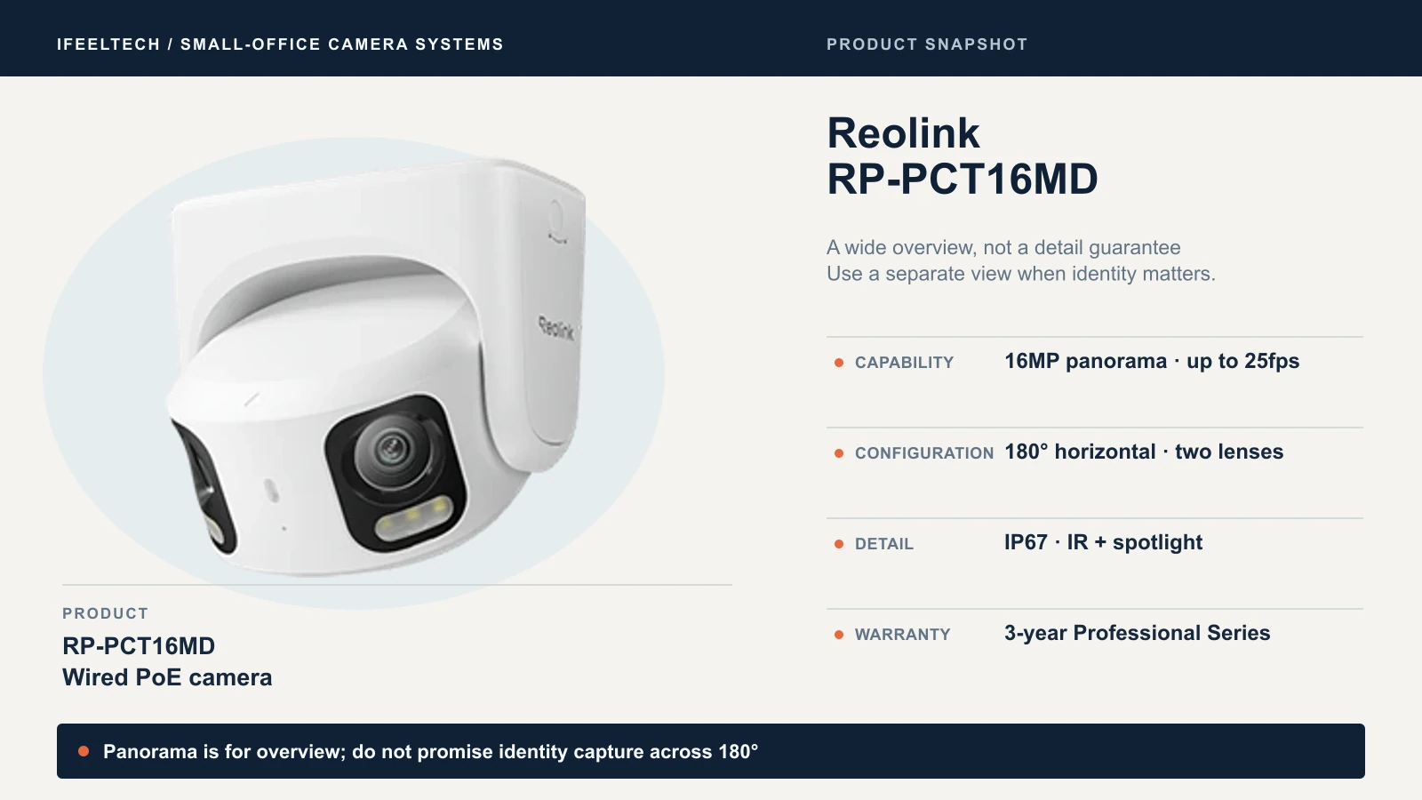 Reolink RP-PCT16MD two-lens 16MP panoramic camera with 180 degree horizontal view, infrared and spotlight; for overview rather than identity capture across the full width