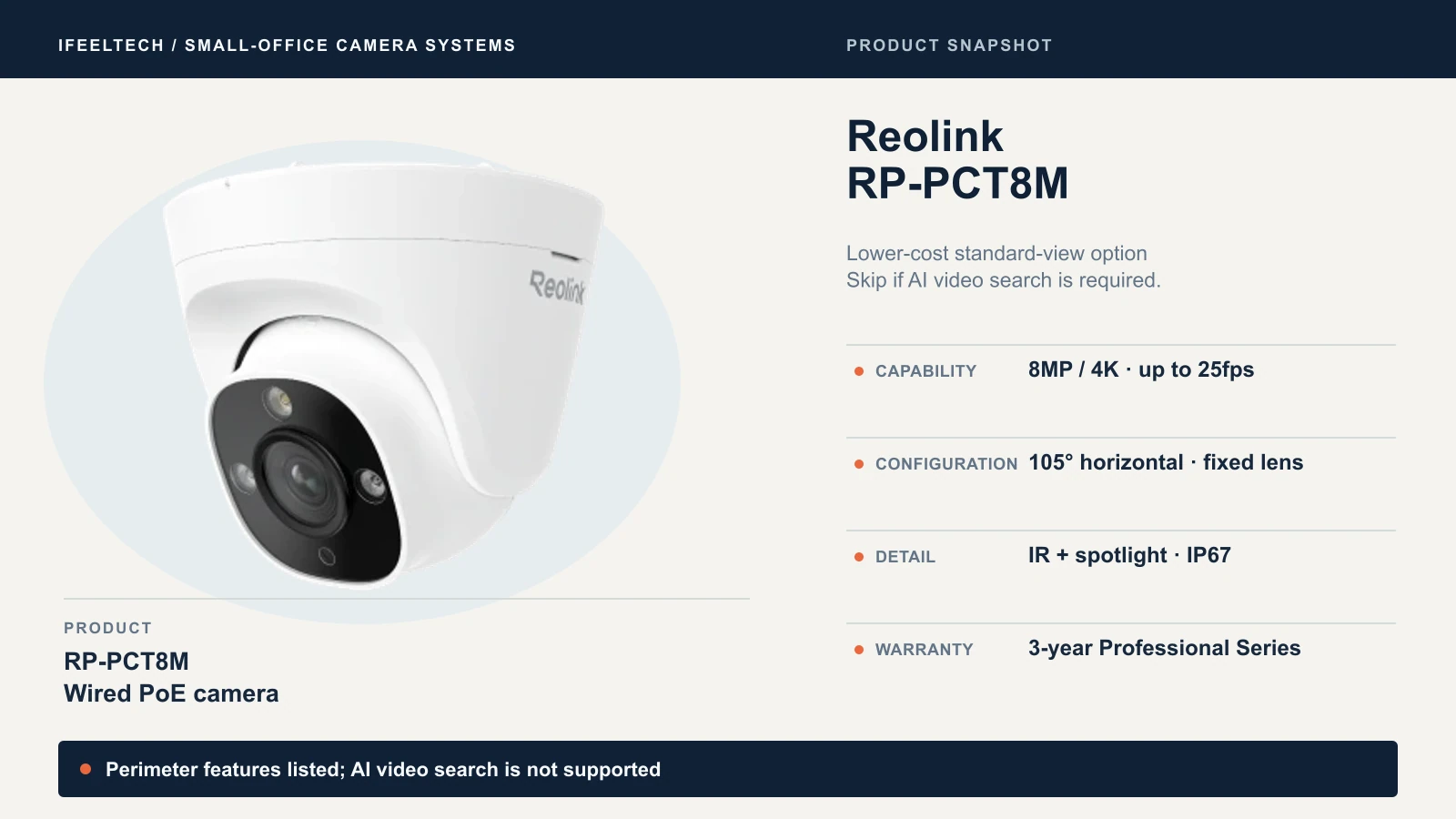 Reolink RP-PCT8M fixed-lens 8MP turret camera with 105 degree horizontal view, infrared and spotlight; perimeter features listed but AI video search not supported
