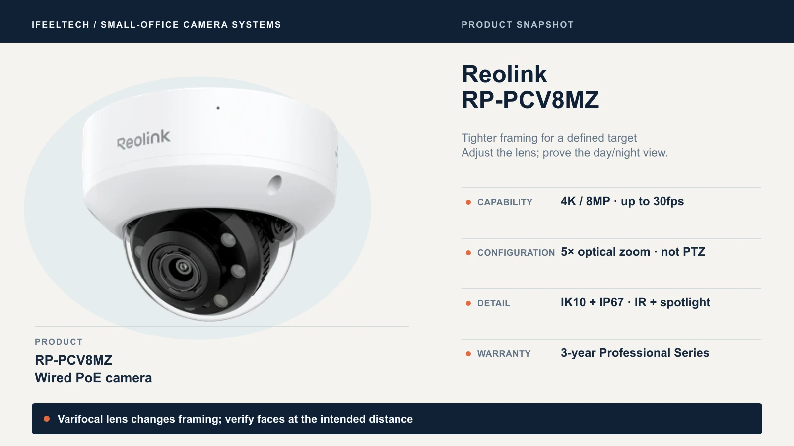 Reolink RP-PCV8MZ varifocal 8MP dome camera with 5x optical zoom, IK10 and IP67 housing, infrared and spotlight; not pan-tilt-zoom