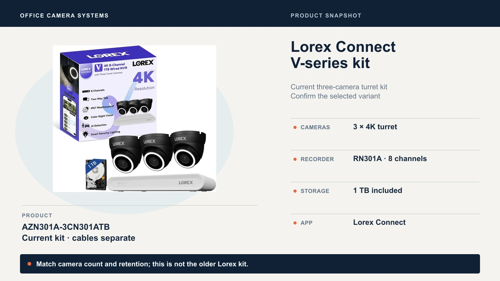 Lorex Connect V-series kit: cameras 3 × 4K turret; recorder RN301A · 8 channels; storage 1 TB included.