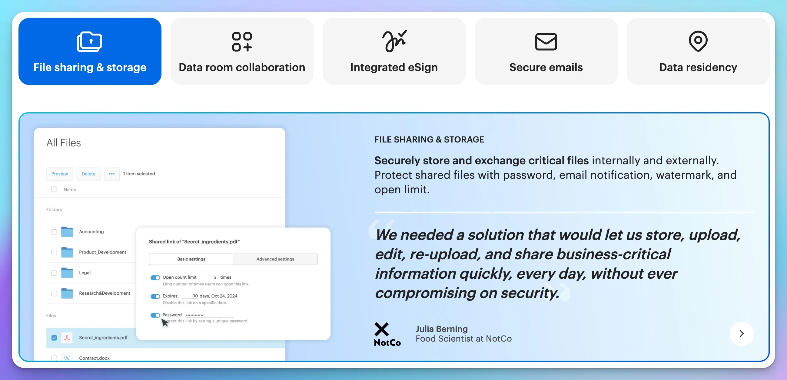 Tresorit's security features dashboard showing zero-knowledge encryption and file sharing controls