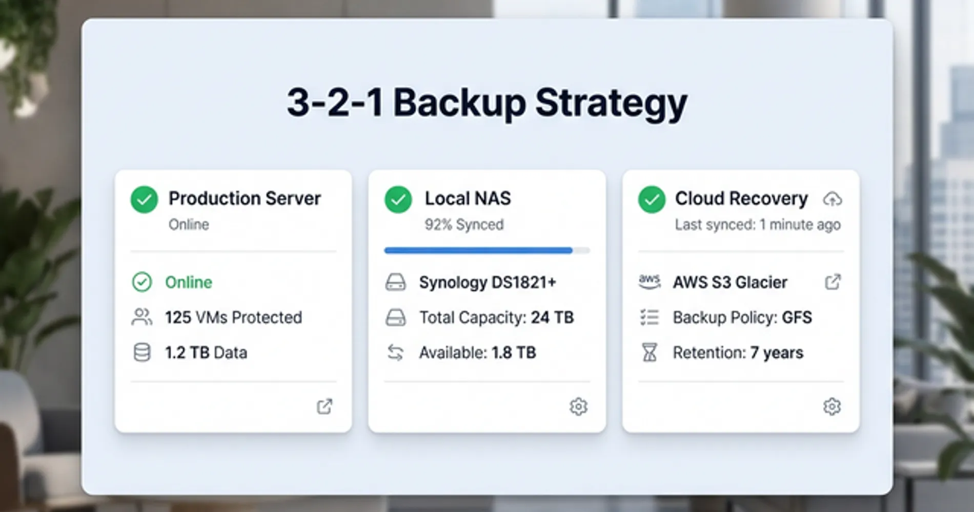 Modern backup dashboard illustrating the 3-2-1 strategy with production, local NAS, and cloud recovery points.