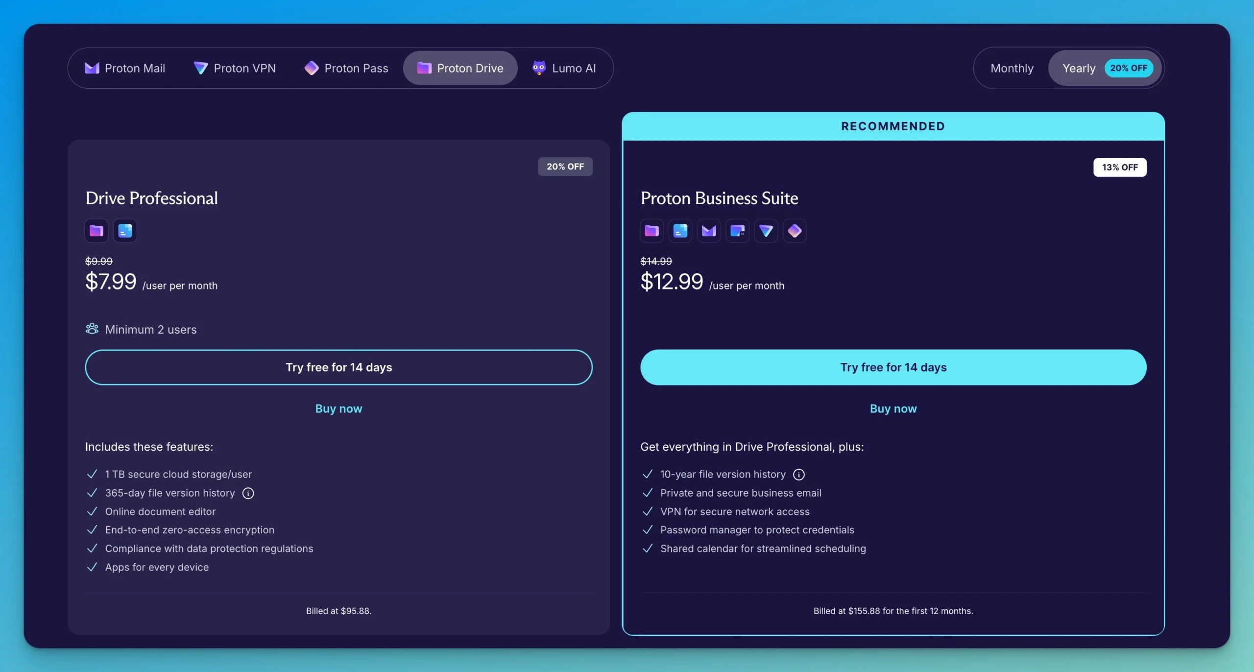 Proton Drive Pricing Table 2025