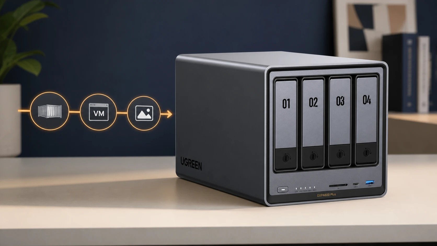 The DXP4800 Plus combines four-bay storage with paths for containers, virtual machines and media libraries.