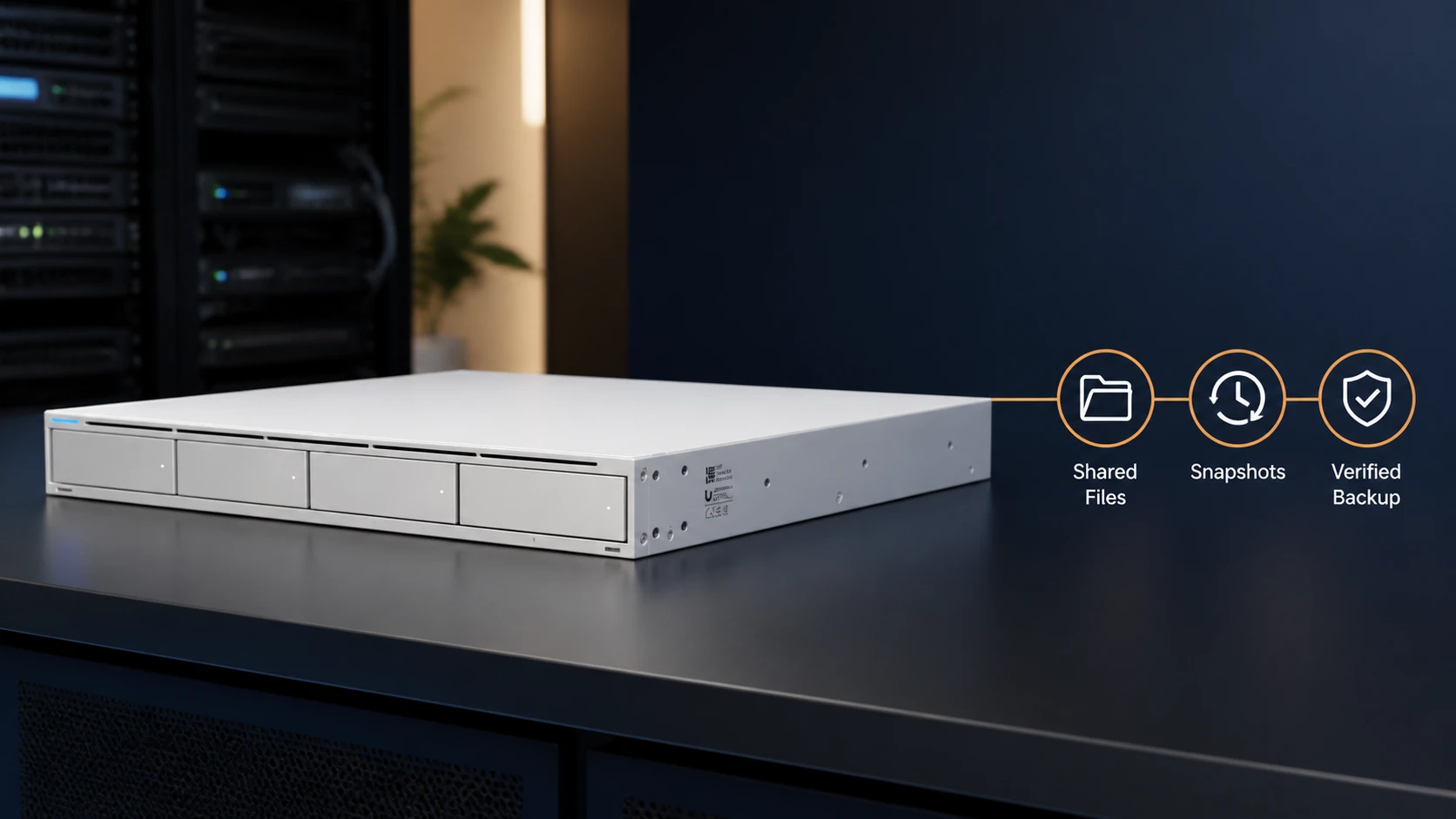 The UNAS Pro 4 follows a focused path from shared files through snapshots to a protected backup destination.