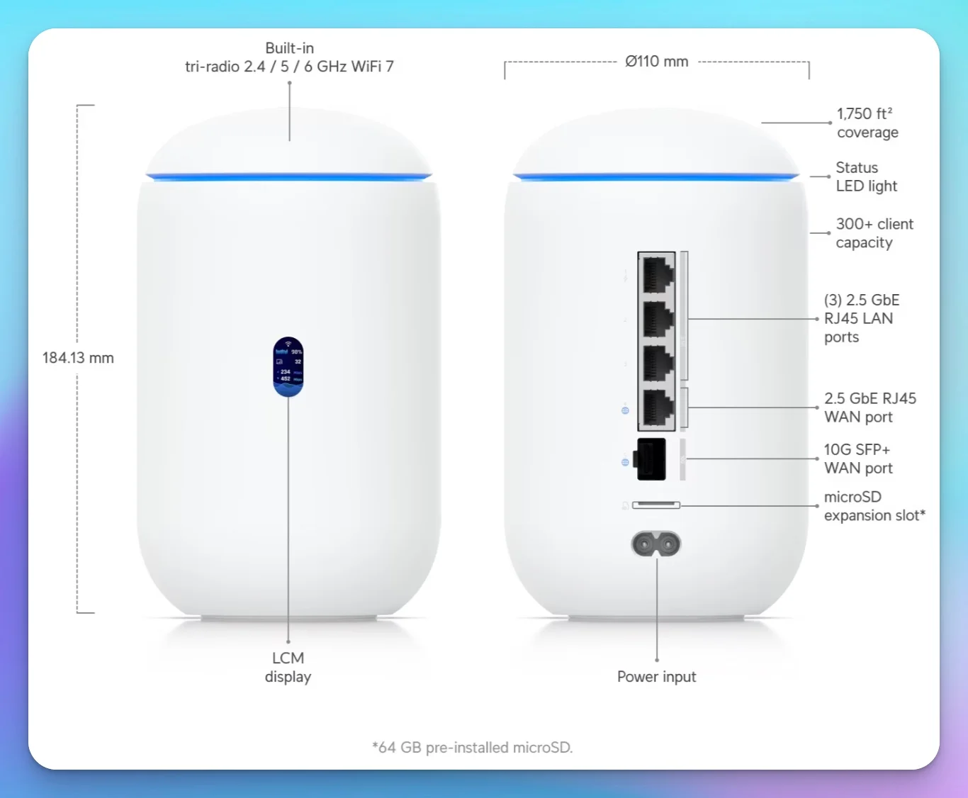 UniFi Dream Router 7 front view showing the compact cylindrical design with indicator LEDs