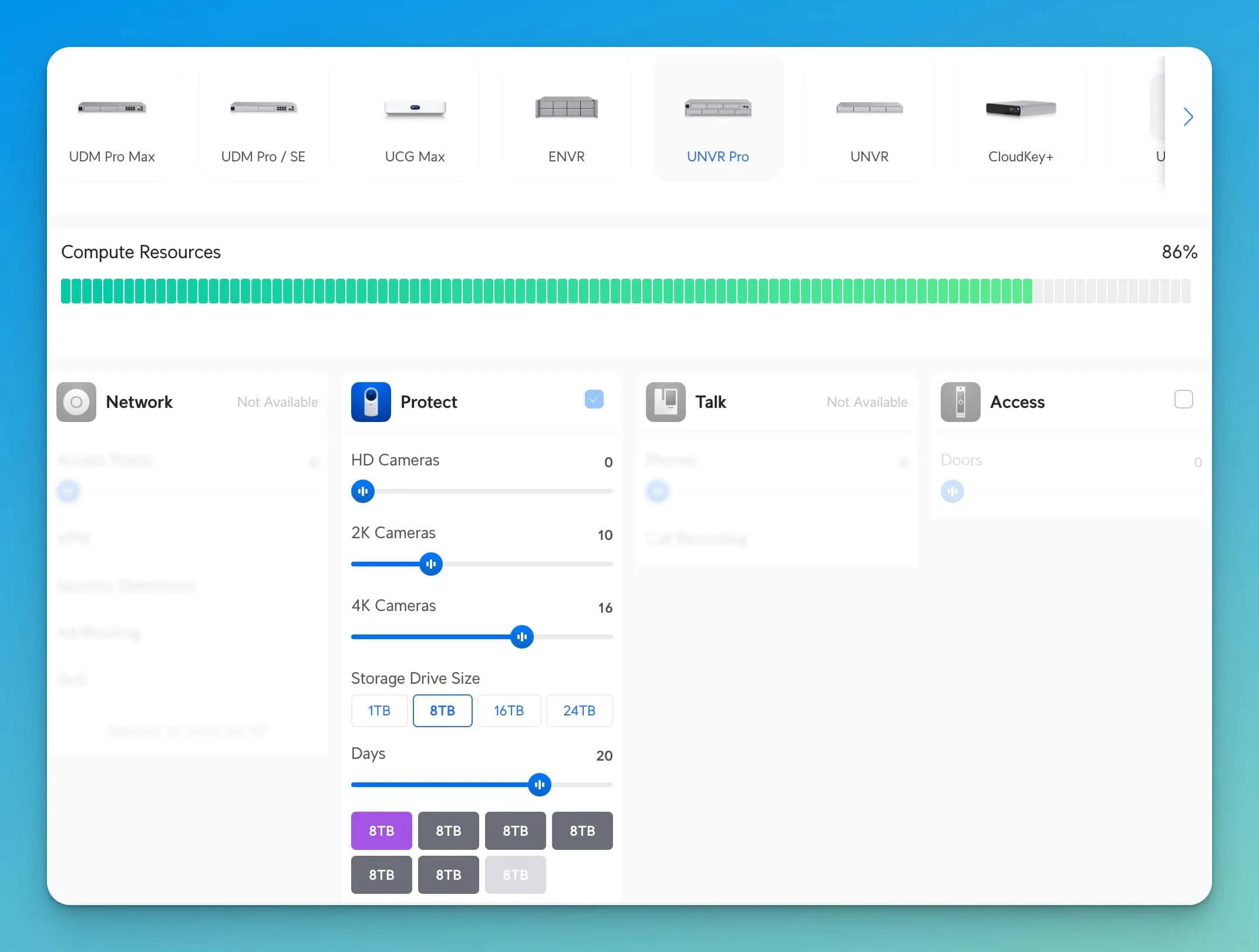 UniFi Protect storage capacity calculator showing retention estimates