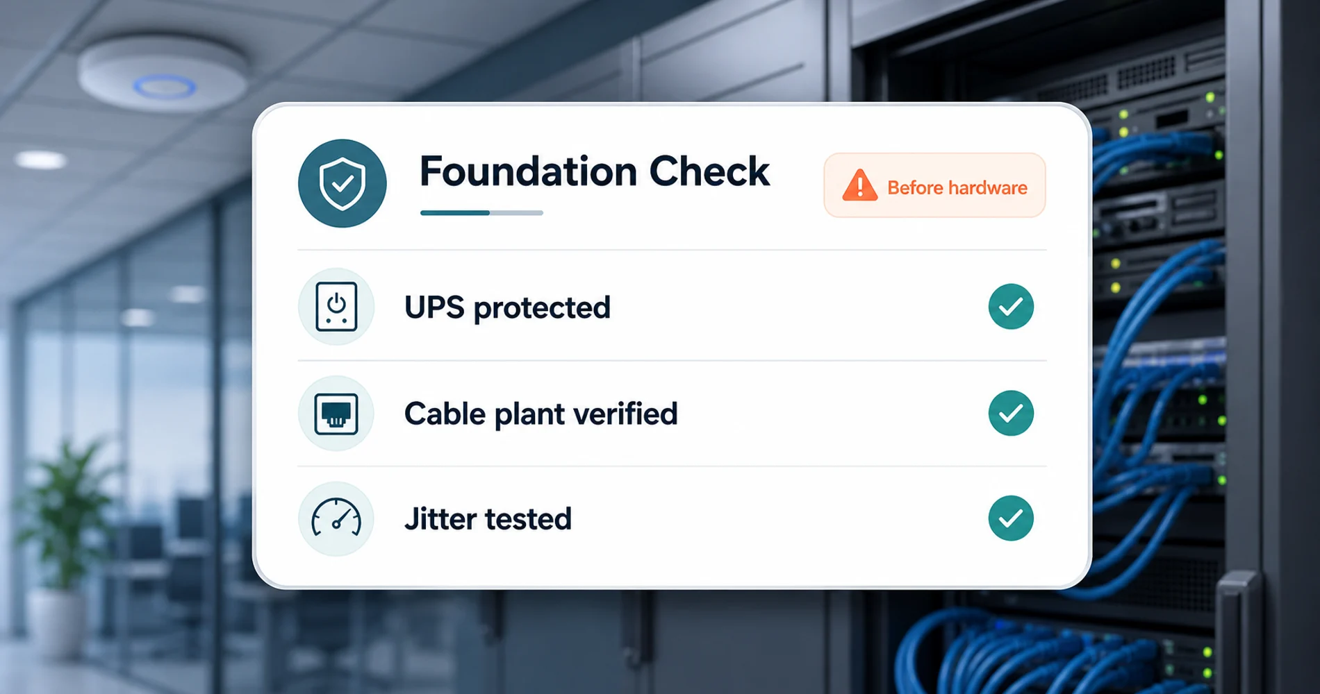 Network foundation checklist showing UPS protection, cable plant verification, and jitter testing before hardware selection