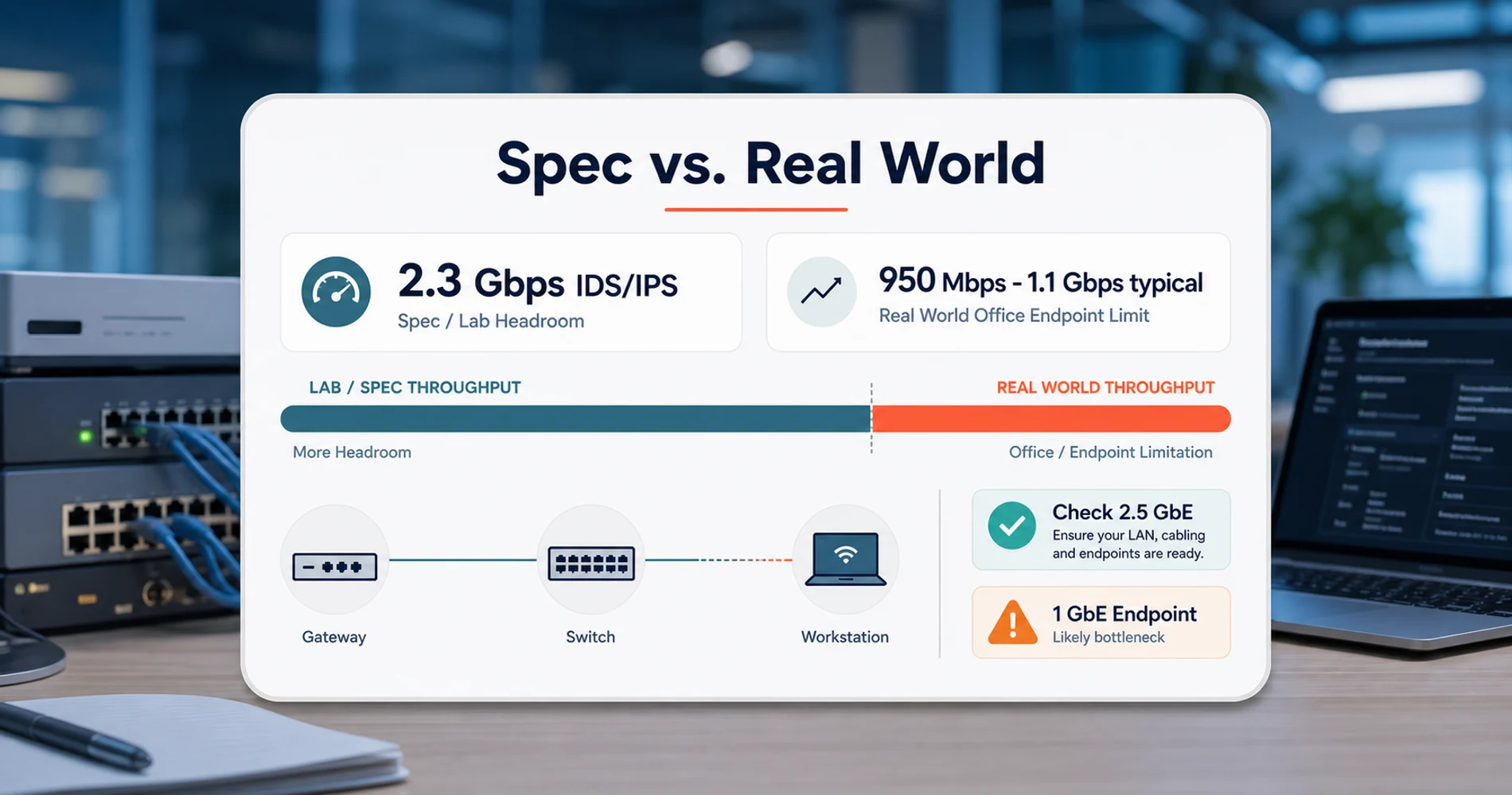 Network throughput expectations dashboard showing 2.3 Gbps IDS/IPS spec compared with typical 950 Mbps to 1.1 Gbps office endpoint performance