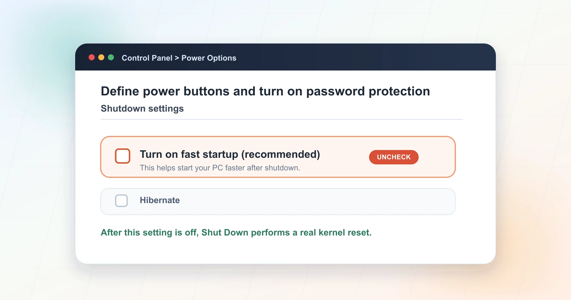 Control Panel Power Options showing the Turn on fast startup checkbox to uncheck