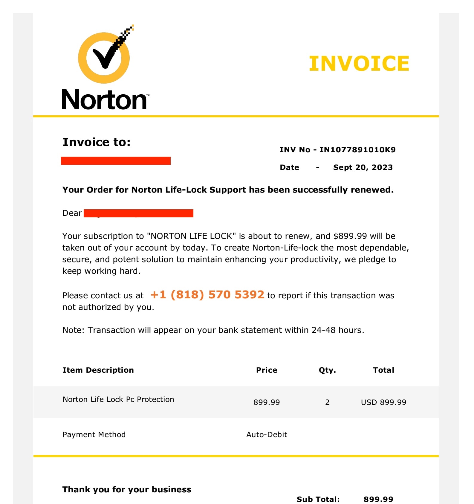 norton fake invoice scam