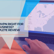 VPN security software on laptop screen, digital privacy and cybersecurity concept, with world map and VPN connection interface, highlighting VPN protection for business data.
